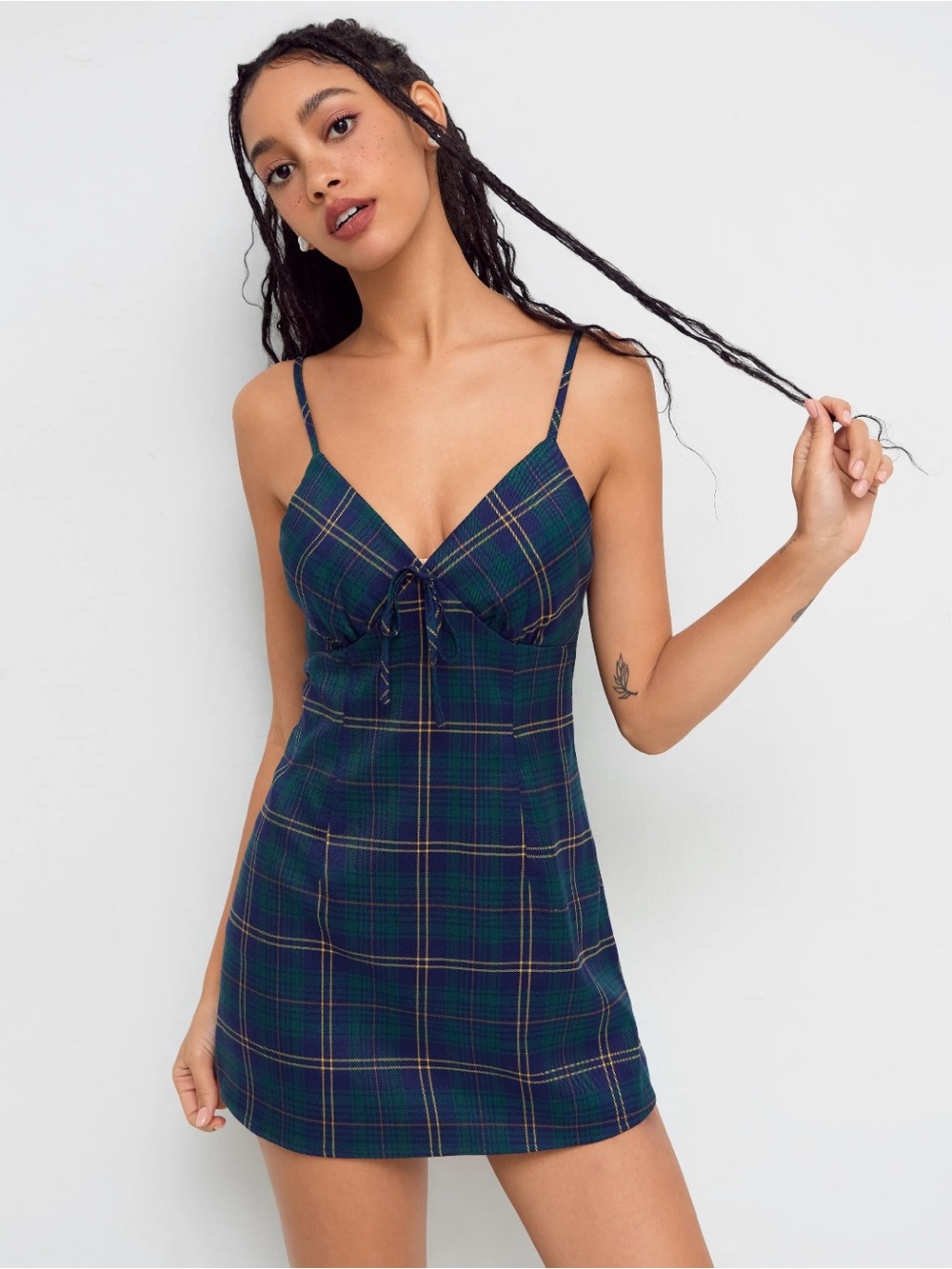 NWT Plaid, V-Neck, Spaghetti Strap, Mini Dress with Bow Tie Accent
